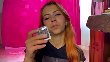 I find a condom in my stepbrother's stuff and then i teach him how to use it he can't hold back and i suck his huge veiny cock until he cums on my tits