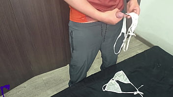 Horny roommate catches me with her panties sloppy blowjob titjob and dirty vaginal creampie