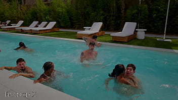 Outdoor gangbang 9 guys fuck 2 sluts in lingerie with anal and dp