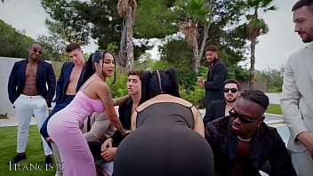 Outdoor gangbang 9 guys fuck 2 sluts in lingerie with anal and dp