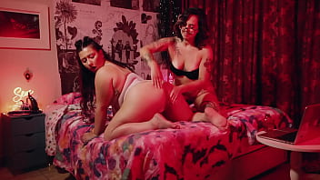 Two big ass girls and one guy make a live sex show in front of a webcam