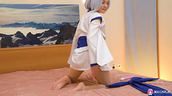 Hot horny babe ally in kimono masturbating alone on the bed with pink toy