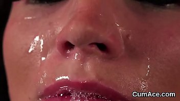 Frisky looker gets cumshot on her face swallowing all the cream