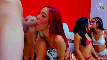 Beautiful latinas line up to swallow their friend's whole cock