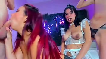 Whores bury themselves in this girl's cock destroying her rough throat