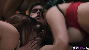 Lucky stud getting gangbang by horny hot milfs in their house