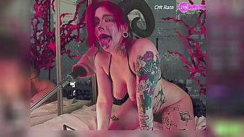 A vibrator is stuck in a succubus's pussy and makes her moan