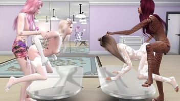 Lesbians strap on sex foursome