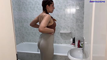 A girl practicing yoga gets pants pulled down and fucked in pantyhose by instructor