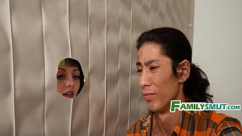 Step bro fucks me through the family glory hole