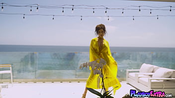 Glamorous huge titted naked cougar posing at her balcony