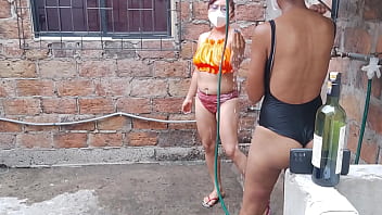 The whores enjoy their day off taking a sensual bath in their country house and touching their tits and vagina