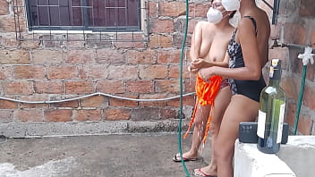 The whores enjoy their day off taking a sensual bath in their country house and touching their tits and vagina