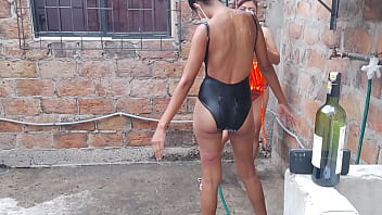 The whores enjoy their day off taking a sensual bath in their country house and touching their tits and vagina