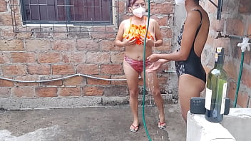 The whores enjoy their day off taking a sensual bath in their country house and touching their tits and vagina