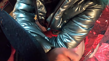 Stepmom was face fucked cum on shiny and fluffy down jacket preview
