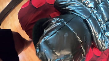 Stepmom was face fucked cum on shiny and fluffy down jacket preview