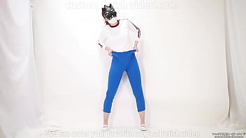 Girl pulls trousers down with her hands and digs them into her crotch