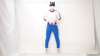 Girl pulls trousers down with her hands and digs them into her crotch