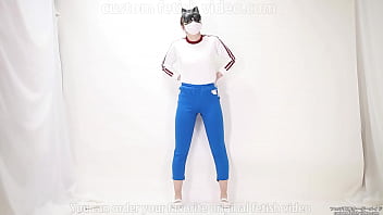 Girl pulls trousers down with her hands and digs them into her crotch