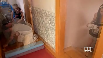 Pervy workforce deep double penetration in the hallway