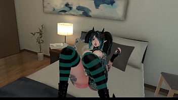 Vrchat pigtailed slut touching herself with a dildo