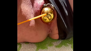 Push out balls from my pussy during pee in outdoor