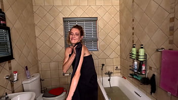 Stripping out of red dress to shave my skinny legs and yummy pussy while enjoying a soapy bath