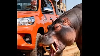 Hippo attacking safari vehicle for a reason