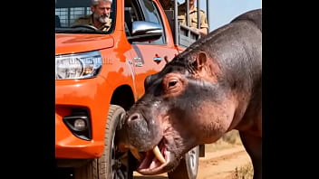 Hippo attacking safari vehicle for a reason