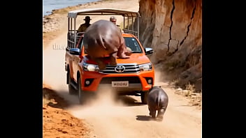 Hippo attacking safari vehicle for a reason