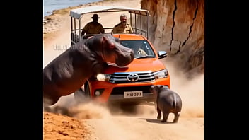 Hippo attacking safari vehicle for a reason