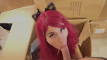 Teen cat girl sucks dick in cheek moans makes funny faces guy fucks in mouth blowjob pov fetish redhead