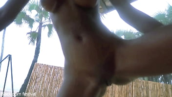 Skinny ebony village girl dancing naked in the rain with her perfect slim body