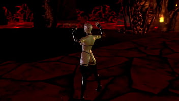 Mature busty pinhead women in latex outfit posing alone in hell cave