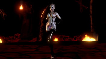 Mature busty pinhead women in latex outfit posing alone in hell cave