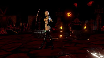 Mature busty pinhead women in latex outfit posing alone in hell cave