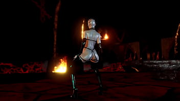 Mature busty pinhead women in latex outfit posing alone in hell cave