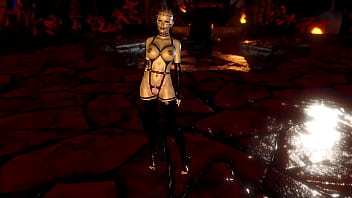 Mature busty pinhead women in latex outfit posing alone in hell cave