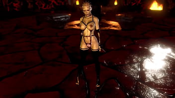 Mature busty pinhead women in latex outfit posing alone in hell cave