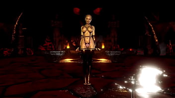 Mature busty pinhead women in latex outfit posing alone in hell cave