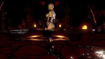 Mature busty pinhead women in latex outfit posing alone in hell cave
