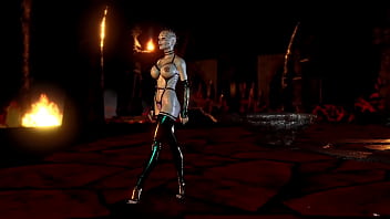 Mature busty pinhead women in latex outfit posing alone in hell cave