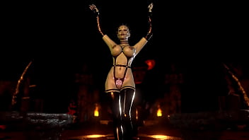 Mature busty pinhead women in latex outfit posing alone in hell cave