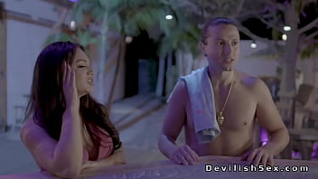 Hot Brunette Babe Theodora Day In Gorgeous Pink Night Dress Lays On Handsome Seth And Kisses Him Then He Pounds Her Pussy And Cums thumbnail