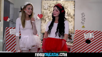 Mischievous daughters surprise their step fathers with glory hole surprise