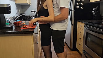 Petite step sister in black dress fucked in kitchen