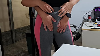 Masturbating her camel toe on the table with the neighbor's help