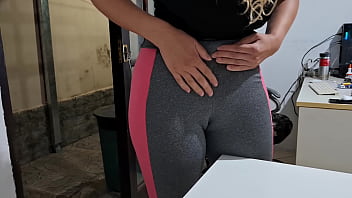 Masturbating her camel toe on the table with the neighbor's help