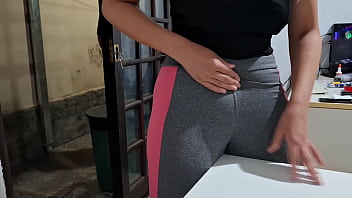 Masturbating her camel toe on the table with the neighbor's help